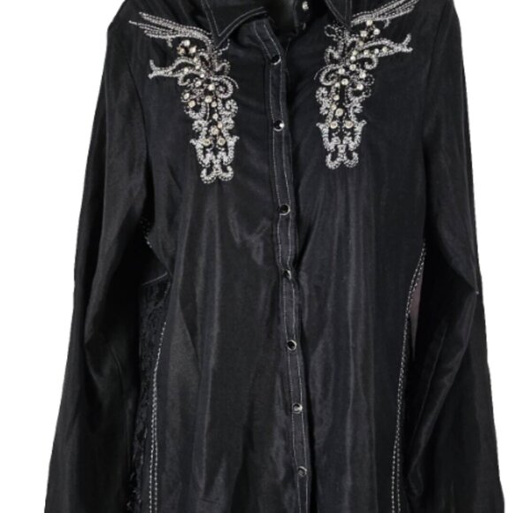 NEW Women's Buckle Black Long Sleeve Blouse Y2K Gem Stone Snaps Crystals Western - Picture 2 of 13